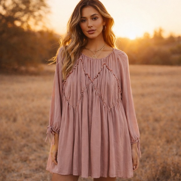 Arula Dusty Mauve Boho Swing Dress Long Sleeve Size A (14/16 XL 1X) - Picture 1 of 5